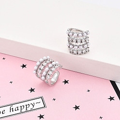 Платина Серьги-каффы из латуни с микропаве из прозрачных кубических цирконий и искусственного жемчуга ABS, арка, платина, 15x17.5~18x16 мм