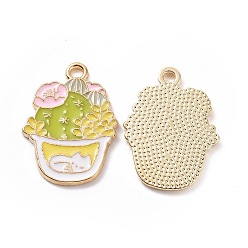 Vert Jaune Pendentifs en émail , charme de cactus, or et de lumière, vert jaune, 25x18x1.5mm, Trou: 2mm