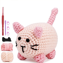 Misty Rose DIY Crochet Kits, including Yarns and Filling Cottons, 1Pc Crochet Needle, 1Pc Eye Needle, 3Pcs Stitch Marker and 2Pcs Eye Cabochon, Misty Rose, Package Size: 235x185x85mm