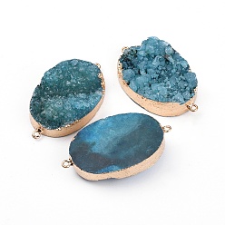 Teal Electroplated Natural & Dyed Druzy Quartz Links connectors, with Brass Findings, Oval, Golden, Teal, 42~58x28~34x8~15mm, Hole: 1.5mm