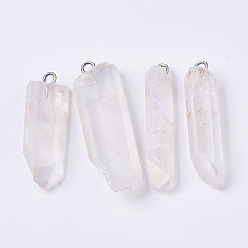 Прозрачный Подвески из натурального кварцевого кристалла с вакуумным покрытием pvd, с латунными петлями, форма полосы, прозрачные, 24~36x7~16x6~11 мм, отверстие : 1.8 мм