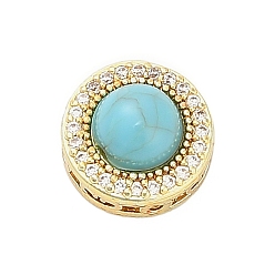 Плоский Круглый Окрашенные синтетические бирюзовые бусины, с полыми латунными оправами, золотые, плоско-круглые, 10x6 мм, отверстие : 0.8 мм