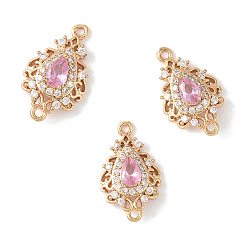 Pink 3Pcs Brass Micro Pave Cubic Zirconia Links Connectors, Long-Lasting Plated, Teardrop, Light Gold, Pink, 20x12x5mm, Hole: 1.4mm