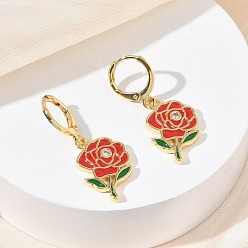 Золотой Серьги-кольца из латуни с эмалью ко Дню святого Валентина для женщин, цветок розы, золотые, 32.5x12.5 мм
