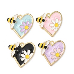 (52) Непрозрачная лаванда Подвески из эмали и сплава, золотой свет, без кадмия, без никеля и без свинца, стойки покрытие, сердце с цветком и пчелами, разноцветные, 25x26x3 мм, отверстие : 2.1 мм