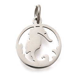 Нержавеющая Сталь Цвет 304 прелести нержавеющей стали, с целью перехода в кольце, плоский круг с подвеской в виде морского конька, лазерная резка, цвет нержавеющей стали, 14x11.5x1 мм, отверстие : 3 мм