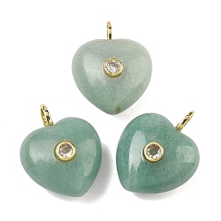 Зеленый Авантюрин Естественный зеленый авантюрин подвески, подвески в форме сердца с латунной микропаве из прозрачных кубических цирконий, золотые, 25.5~26.5x20.5x12~13 мм, отверстие : 4.5 мм