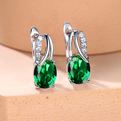 Зеленый Латунь кубического циркония серьги стержня, овальные, платина, зелёные, 16x13 мм