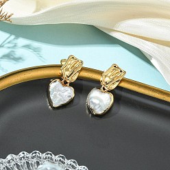 Золотой 304 Серьги из нержавеющей стали, сердце, с натуральным культивированным пресноводным жемчугом, золотые, 25.5~26x12.5~13 мм