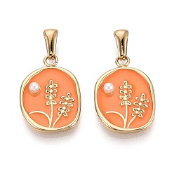 Коралловый 304 подвески из нержавеющей стали, эмали и искусственного жемчуга из АБС-пластика, самородки с цветочными подвесками, золотые, коралл, 24x16x4 мм, отверстие : 7x3 мм