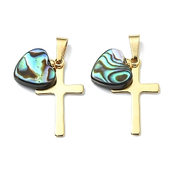 Corazón Colgantes paua shell travieso, 304 de acero inoxidable encantos de la cruz, dorado, corazón, 13x10.5x3.5 mm, agujero: 6x3 mm
