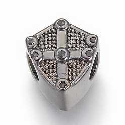 Gunmetal Brass Cubic Zirconia European Beads, Shield, Gunmetal, 11.5x10.5x8mm, Hole: 4mm