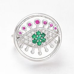 Platinum Brass Micro Pave Cubic Zirconia Cuff Rings, Open Rings, Long-Lasting Plated, Flat Round with Eye, Colorful, Platinum, US Size 6(16.5mm)