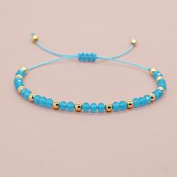 Небесно-голубой Браслеты из плетеных бусин из круглых стеклянных и латунных бусин, регулируемые плетеные браслеты из волоконного шнура для женщин, золотые, голубой