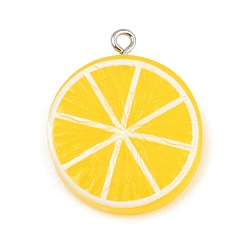 Yellow Opaque Resin Imitation Fruit Pendants, Lemon Slice Shape Charm, with Platinum Iron Loops, Red, Yellow, 28x22.5x5.5mm, Hole: 1.8mm