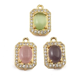 Mixed Color Brass Micro Pave Clear Cubic Zirconia & Cat Eye Charms, Octagon Rectangle Charms, Rack Plating, Long-Lasting Plated, Cadmium Free & Lead Free, Real 18K Gold Plated, Mixed Color, 14.5x10x6mm, Hole: 1.2mm