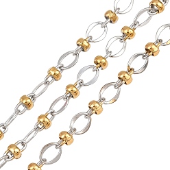 Золотой & Цвет Нержавеющей Стали Двухцветные 304 цепочки из нержавеющей стали с овальными звеньями, с шариков Rondelle, ионное покрытие (ip), несварные, с катушкой, золотые и нержавеющая сталь цвет, 8x6.5x1 мм