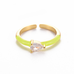 Yellow Brass Enamel Cuff Rings, Open Rings, Solitaire Rings, with Clear Cubic Zirconia, Nickel Free, Teardrop, Golden, Yellow, US Size 7(17.3mm)