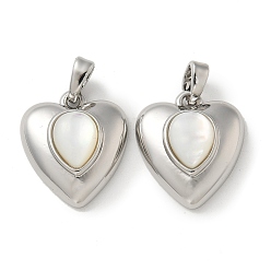 Платина Подвески из латуни с белыми ракушками, сердце прелести, платина, 17.5x15x6 мм, отверстие : 4x2 мм