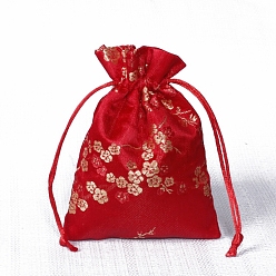 Red Chinese Style Rectangle Satin Cloth Flower Printed Drawstring Gift Bags, Storage Bags, Red, 12x9cm