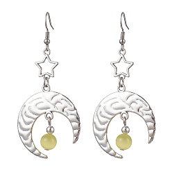 Pale Goldenrod Antique Silver Alloy Star & Moon Dangle Earrings, with Glass Beads, Pale Goldenrod, 70.5x32.5mm