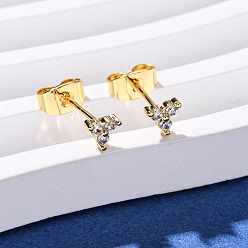 Настоящее золото 18K Серьги-гвоздики в форме клевера с микропаве из прозрачных кубических цирконий из латуни, реальный 18 k позолоченный, 4.5x4.5 мм