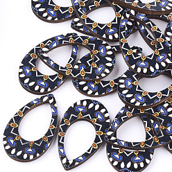 Black Printed Basswood Pendants, Teardrop, Back Random Color, Black, 34.5x20.5x3mm, Hole: 1.6mm