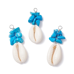 Античный Белый Подвески из натуральной ракушки каури и крашеной синтетической бирюзы, Подвески в форме ракушки с петлями из медной проволоки, платина, старинный белый, 35.5~39.5x13~15x8~9 мм, отверстие : 2 мм