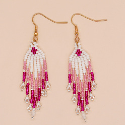 Средний Фиолетово-красный Серьги-кисточки из бисера ручной работы из богемного стекла, золотые, средне фиолетовый красный, 75x20 мм