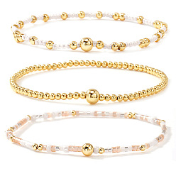 Розовый 3шт. 3 стильные браслеты из стеклянного бисера и латунных бусин, эластичные, для женщин, круглые, туманная роза, 6.50 дюйм (16.5 см)