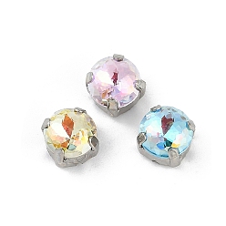 Платина Латунные стеклянные стразы пришивные стразы, плоско-круглые, граненые, разноцветные, платина, 8x8x7 мм, отверстие : 0.8 мм