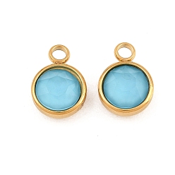 Sky Blue K9 Glass Pendants, with 304 Stainless Steel Findings, Ion Plating (IP), Faceted, Flat Round, Golden, Sky Blue, 13.5x10x6mm, Hole: 2.5mm
