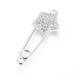 Platinum Brass Micro Pave Cubic Zirconia Links connectors, Safety Pin Shape with Star, Clear, Platinum, 27x10x3.5mm, Hole: 1.2mm