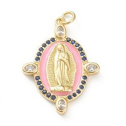 Полуночно-синий Латунные микро проложить кубического циркония подвески, с эмалью, долговечный, реальный 18 k позолоченный, овальный со святым, темно-синий, 26x20x2.5 мм, отверстие : 3 мм