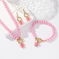 Pink Комплекты из акрила с подвесками в виде бабочки, браслетов и серег, комплекты украшений из искусственного жемчуга для женщин, розовые, 15.75 дюйм (40 см), 16 см, 50x15 мм