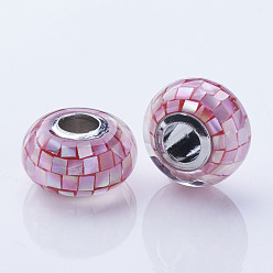 Малиновый Оболочки европейские шарики, с медными сердечниками, рондель, бусины с большим отверстием, платина, малиновый, 13~14x7.5 мм, отверстие : 4.5 мм