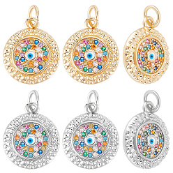 Платиновый & Золотой 6 шт 2 цвета кулоны из латуни, микропаве, циркония, с эмалью, долговечный, без кадмия и без свинца, плоские круглые с сглаза, с целью перехода в кольце, платиной и золотом, 15x12.5x3.5 мм, отверстие : 3.6 мм, 3 ПК / цветов
