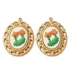 Dark Orange 304 Stainless Steel & Cloth Embroidered Pendants, Oval with Flower Charms, Ion Plating(IP), Long-Lasting Plated, Real 18K Gold Plated, Dark Orange, 30.5x23x4mm, Hole: 1.9mm