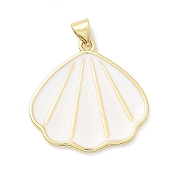 Белый Латунь эмаль подвески, формы раковины, долговечный, стойки покрытие, без свинца и без кадмия, реальный 18 k позолоченный, белые, 26x26x2 мм, отверстие : 4x3.5 мм