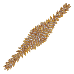 (932FM) Темно-синий аква-матовый с подкладкой Вышивка цветов из полиэстера, компьютерная вышивка, термоклеевые стразы, пришивные/приклеиваемые утюгом нашивки, со стеклянными бусинами, темно-золотистые, 405~410x84~86x4 мм