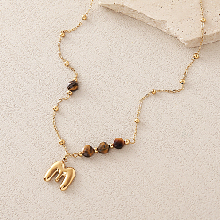 Letter M European Faceted Natural Tiger Eye 304 Stainless Steel Alphabet Pendant Necklaces, Golden, Letter M, 18.90 inch(48cm)