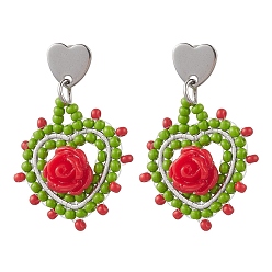 Красный Серьги-гвоздики в форме сердца из нержавеющей стали со стеклянными вставками, платина, красные, 32~33x22~23 мм