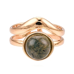 Мосс Агат Круглые натуральные перстни из мохового агата, Открытое кольцо-манжета из сплава золотистого тона для женщин, 15 мм, регулируемый