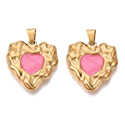 Hot Pink 303 Stainless Steel Enamel Pendants, Heart Charms, Ion Plating(IP), Real 18K Gold Plated, Hot Pink, 19.5x18.5x3.5mm, Hole: 5.5x3.5mm