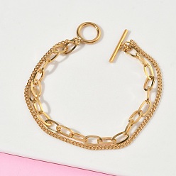 Настоящее золото 18K 304 Двухслойные браслеты из нержавеющей стали с якорной и кабельной цепочкой для женщин, ионное покрытие (ip), с Переключить застежками, реальный 18 k позолоченный, 7.95 дюйм (20.2 см)