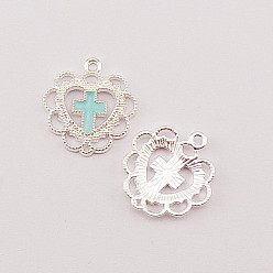 Light Blue Alloy Enamel Pendants, Silver, Heart with Cross, Light Blue, 21x20x2mm