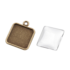 Antique Bronze DIY Pendant Making, Alloy Pendant Cabochon Settings, with Glass Square Cabochons, Nickel Free, Antique Bronze, 22x18x2mm, Hole: 2mm, Glass: 15x15x5mm, 2pcs/set
