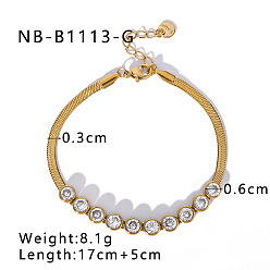 Настоящее золото 18K 304 теннисные браслеты из нержавеющей стали с прозрачными кубическими циркониями, браслеты из змеиной цепи для женщин, плоско-круглые, реальный 18 k позолоченный, 6.69 дюйм (17 см)