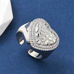 Платина Кольца-манжеты в форме сердца из латуни с микропаве из кубического циркония для женщин, без кадмия и без свинца, стойки покрытие, платина, 18x19.5 мм, внутренний диаметр: 18.4 мм