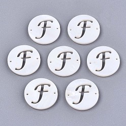 Letter F Natural Freshwater Shell Links Connectors, Flat Round with Letter, Letter.F, 14.5x1.5mm, Hole: 0.9mm
